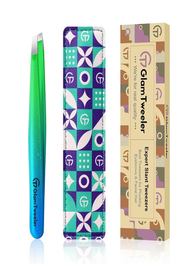 GlamTweeler ملقط خبير ذو طرف مائل مع حافظة جلدية، ملقط GlamTweeler حاد ودقيق من الفولاذ المقاوم للصدأ لإزالة الحواجب وشعر الوجه والشعر الناعم (أزرق وأخضر لامع) - Image 1